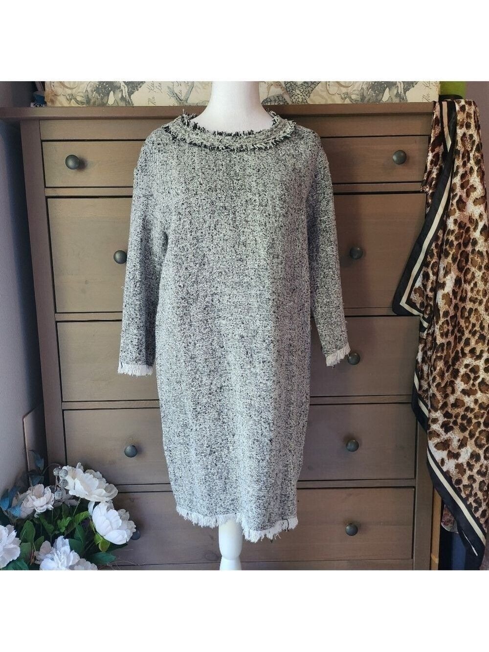 IRO Gray Tweed Dress with Fringe Details